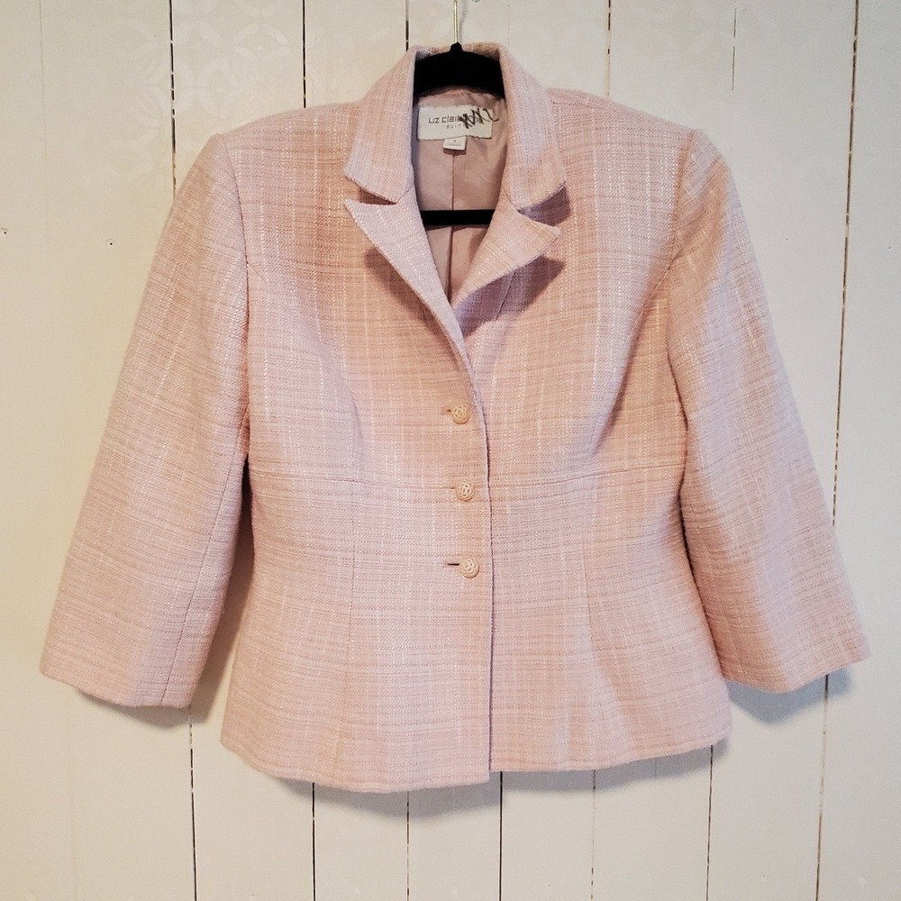 Liz Claiborne Suits Pink Tweed Metallic Blazer 3/4 Sleeve Rose Button Jacket 8